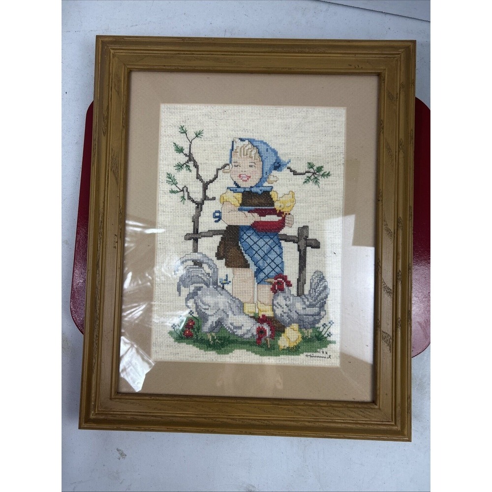 Vintage Hummel Girl Finished & Framed Embroidery Needlepoint Dated 1988